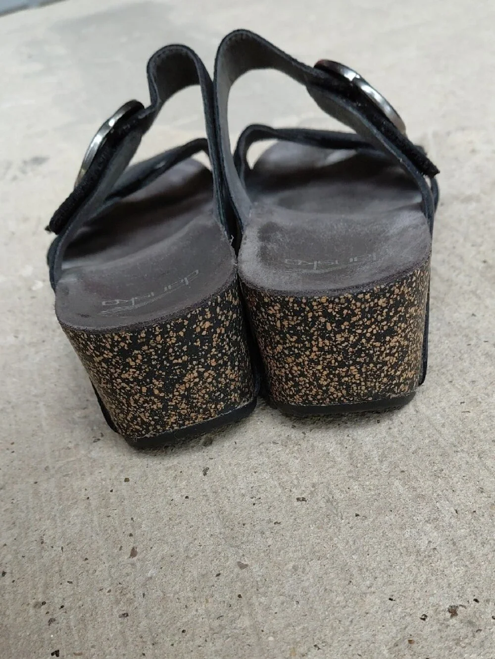 Dansko Black Leather Wedge Sandals with Cork-Textured Heel